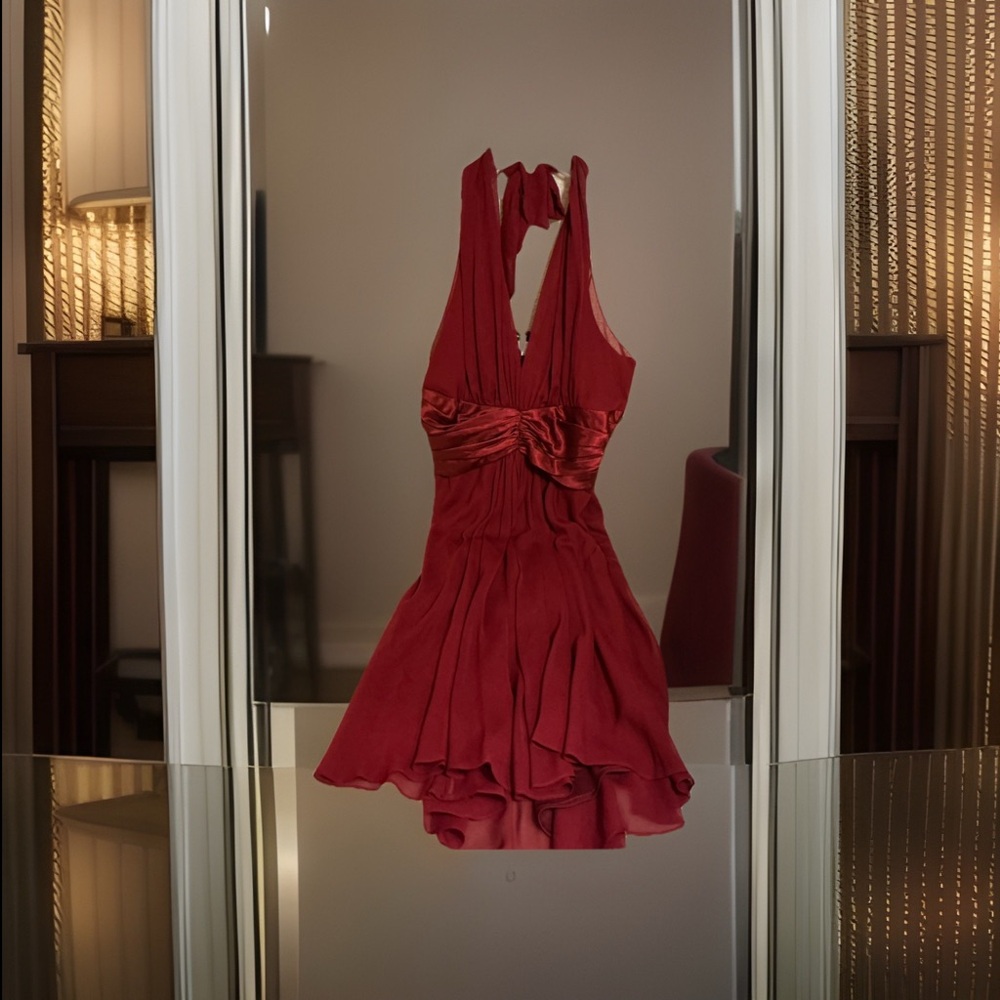 NWT London Times Chiffon Crimson Burgundy Halter Cocktail Special Occasion Sz 14